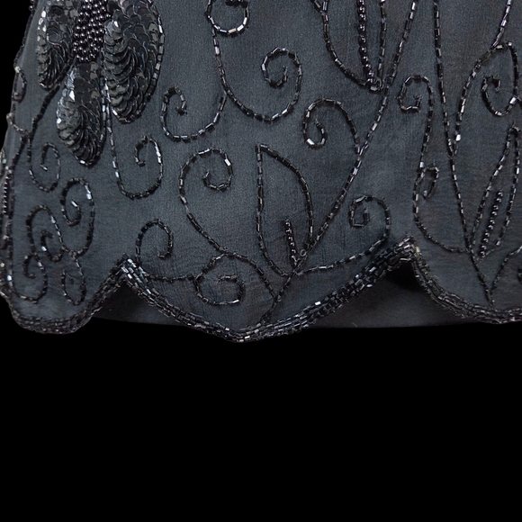 Stenay Black Beaded Floral Silk Blouse With Scalloped Sleeves And Hem Size Small - Picture 3 of 7